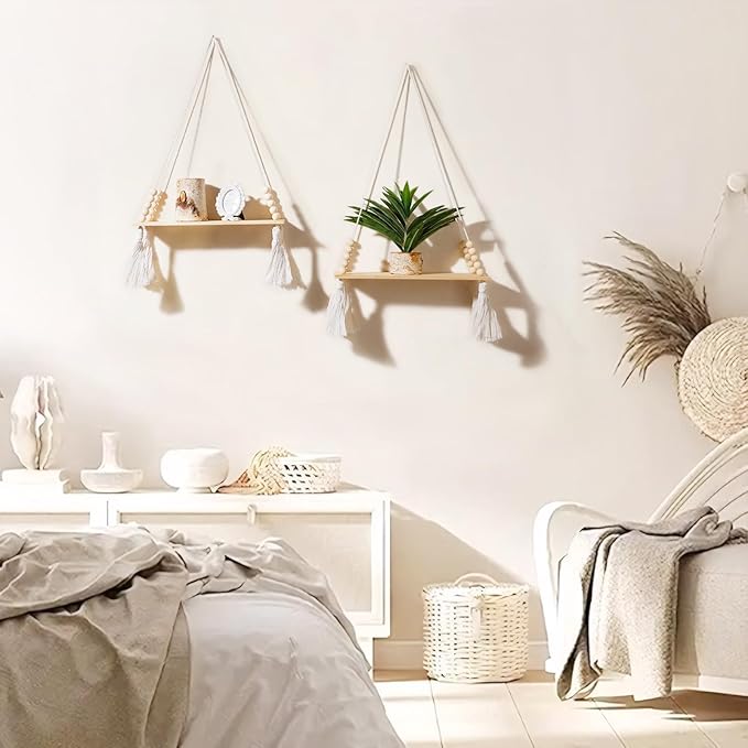 Artilady 2 Pack Wooden Wall Hanging Shelves - Macrame Hanging Plant Shelf with Tassel,Boho Storage Floating Shelves Handmade Rustic Hanger Planter Rack Pot Stand Holder