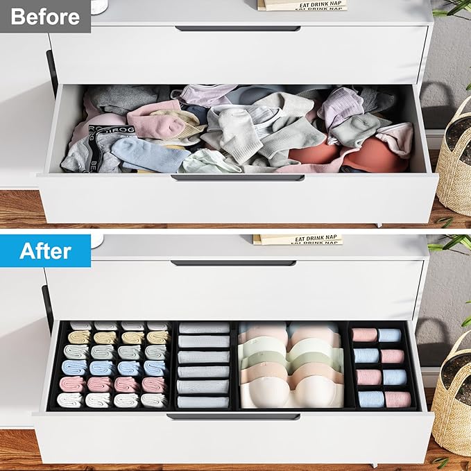 Drawer Organizers for Clothing, Sock Organizer for Dresser Drawer Organizer, Foldable Underwear Organizer for Drawer, Panty Clothing Closet Organizers, Black, Set of 4