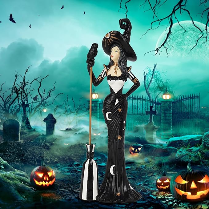 Newman House Studio Halloween Decoration Fairyland Witch Figurine - Magic Witch Holding Broom Dia De Los Muertos Day of Dead Resin Witch Statue Gothic Farmhouse Decor 4.25 * 3.5 * 12.75 in