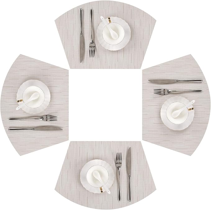 SHACOS Wedge Placemats for Small Round Table Set of 4 Woven Vinyl PVC Placemats Heat Resistant Wipeable Indoor Outdoor Table Mats (4, Beige)
