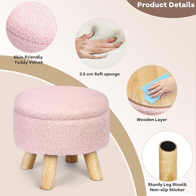 Ottoman Foot Rest, Small Round Ottoman with Storage, Boucle Teddy Velvet Footstool with Wood Legs, Soft Sponge Storage Ottoman for Living Room, Bedroom, Couch, Enterway (Pink)