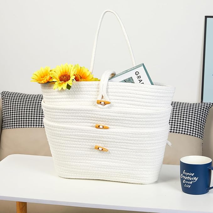 DULLEMELO Hanging Basket with Button Strap 3-Tier Woven Cotton Hanging Wall Baskets for Storage, Boho Wall Decor Hanging Storage Basket with Button Strap, White