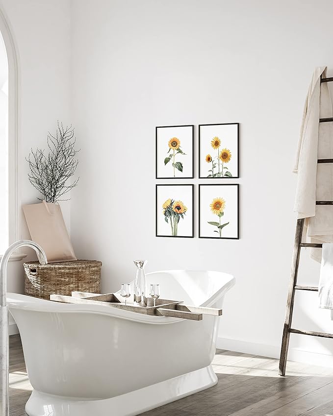 HAUS AND HUES Sunflower Wall Decor and Sunflower Posters - Set of 4 Sunflower Bedroom Decor, Sunflower Paintings for Wall, Yellow Wall Art Kitchen Decor, Sunflower Decor (Black Frame, 11x14)