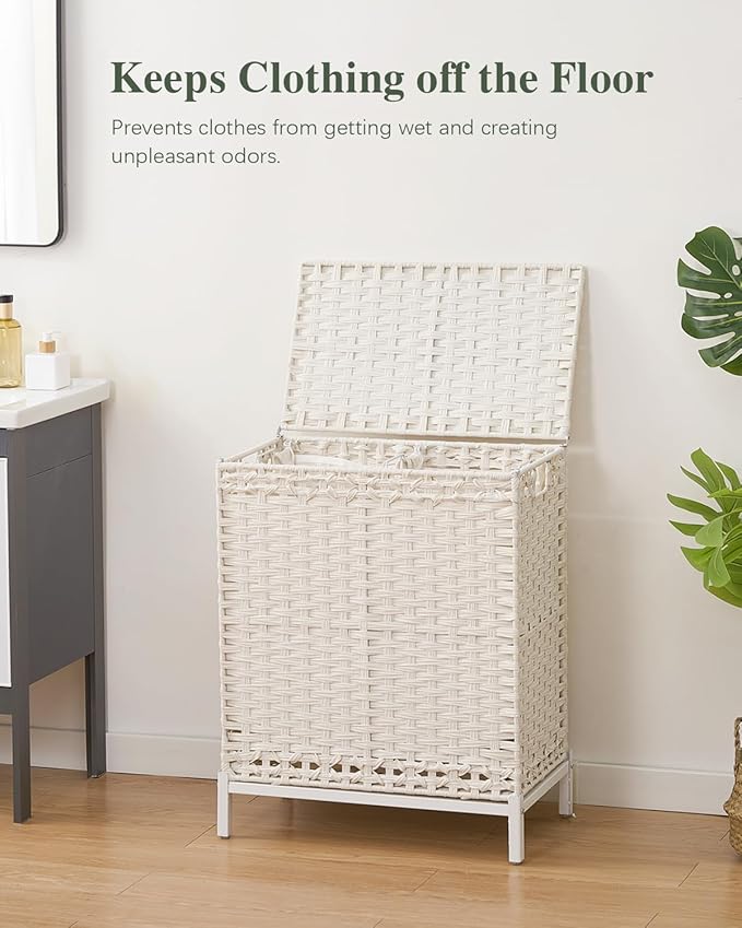 Laundry Hamper with Lid, 112 L Handwoven Rattan Wicker Laundry Basket, 2 Removable Liner Bags Metal Heightened Feet, 6 Mesh Bags, 2 Section Large Clothes Hamper for Bathroom Bedroom, White