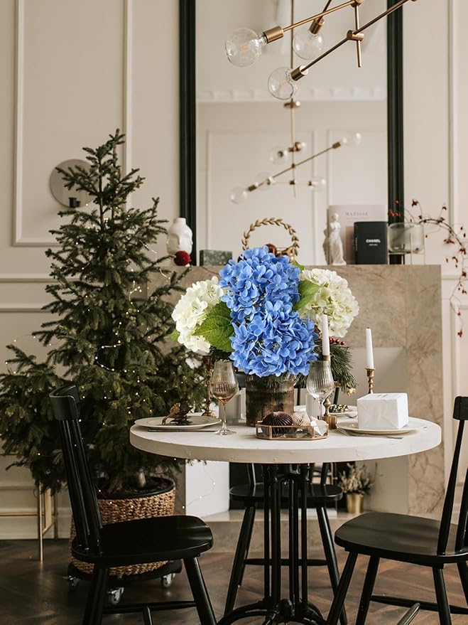 4 Pcs 20'' Real Touch Hydrangea Artificial Flowers Boho Lifelike Real Looking Latex Hydrangeas Flower with Long Stem for Baby Shower Indoor Home Decor Spring Table Centrepiece 2 Blue 2 White