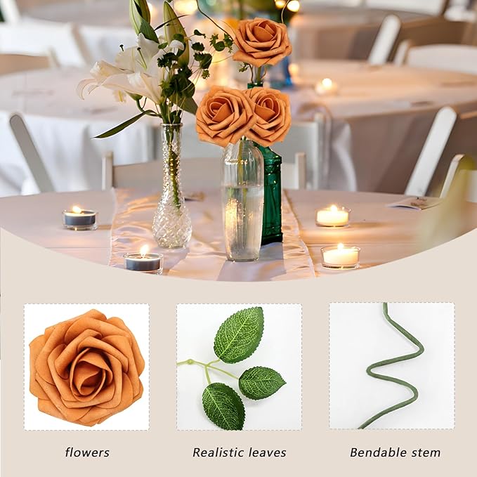 100PCS Artificial Flowers Gold Sparrow Roses Real Looking Foam Fake Roses with Leaves and for DIY Wedding Bouquets Bridal Shower Centerpieces Party Decorations (Gold Sparrow, 100)