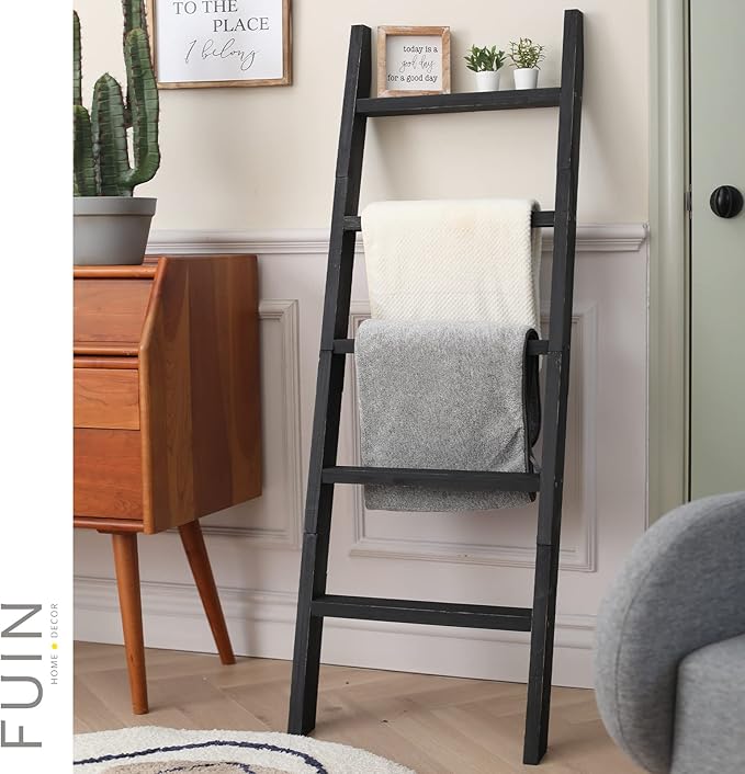 FUIN 5ft (58") Wood Blanket Ladder Living Room Decorative Wall Leaning Farmhouse Quilt Display Holder Shelf Rustic Wooden Towel Rack for Bathroom, Black