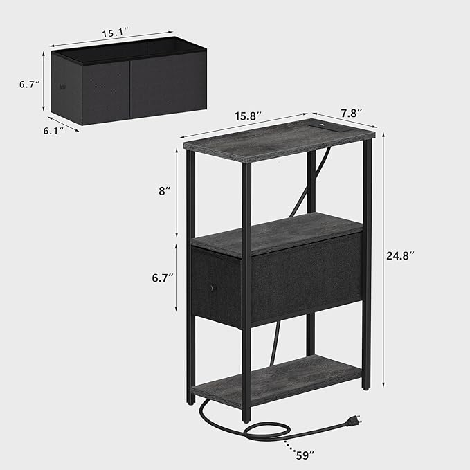 TUTOTAK Small Narrow End Table with Charging Station, Set of 2, Side Table with Outlets, Nightstand with Cloth Drawer, Couch Table, for Living Room, Bedroom, Bedside, Charcoal Grey TB01BY058
