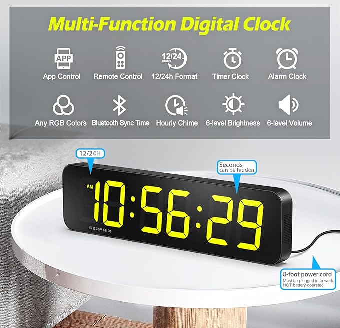 15.2" Large Digital Wall Clock with Seconds, App & Remote Control, Customizable RGB Colors, Alarms, Stopwatch, Countdown, Timer Clock for Home Gym Living Room Office Garage Decor