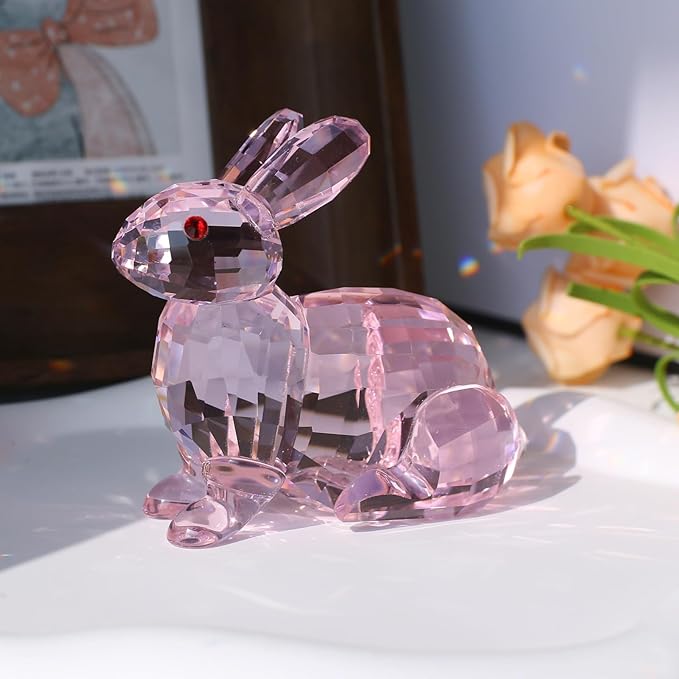 Crystal Rabbit Figurine Faceted Glass Bunny Statue Pink Ornament Animal Collectible Sculpture Handscraft Paperweight Home Decor