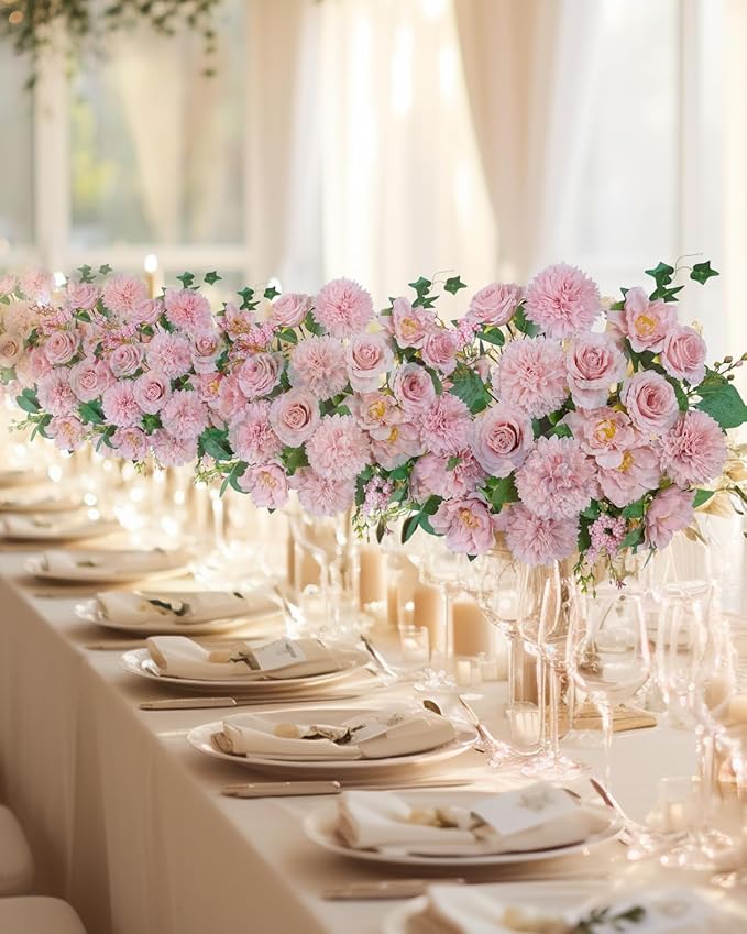 Premium Pink Silk Flower Bouquets, Artificial Chrysanthemums, Fake Flowers Roses Peonies Decoration, Pink Faux Floral Arrangements for Wedding Home Decor Table Centerpieces