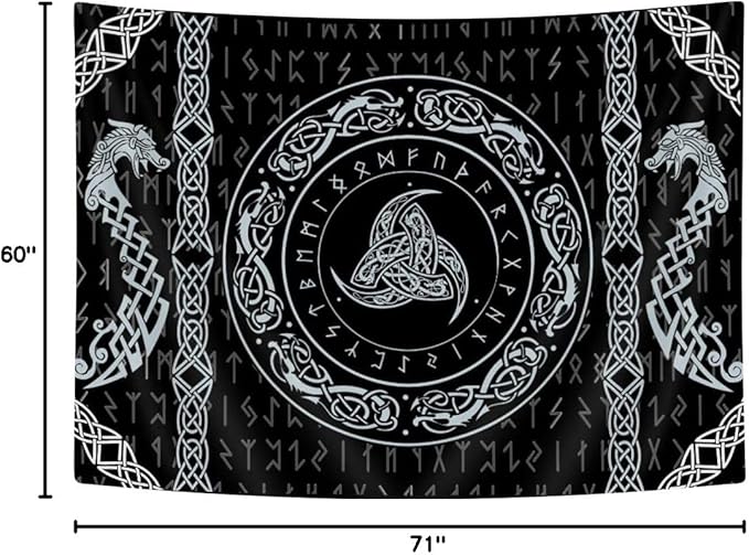 Viking Art Tapestry, Raven Ancient Rune Dragon Totem Norse Mythology Tapestries, Black White Mystical Geometric Norse Mythology Tapestry Wall Hanging for Living Room Bedroom Decor, 71x60