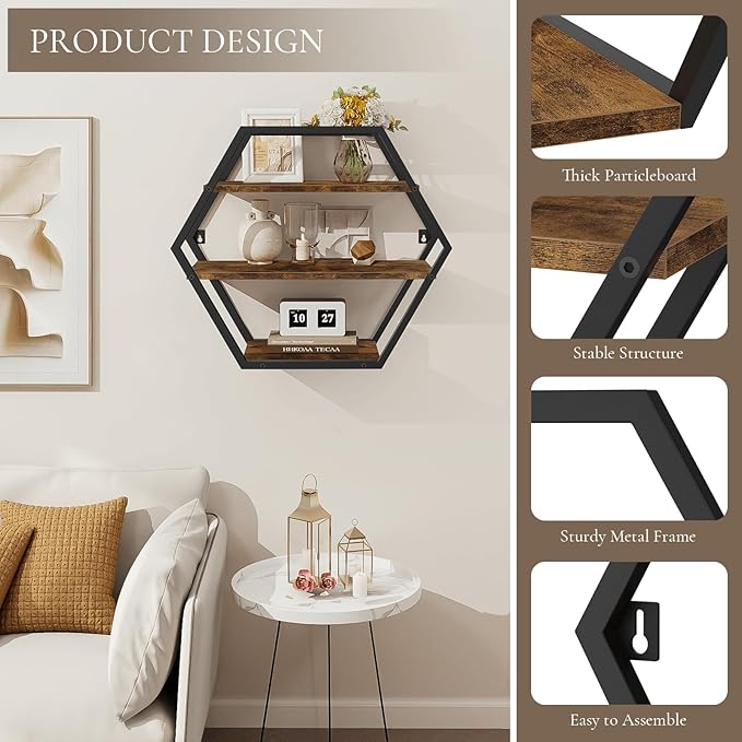 Hexagon Shelves for Wall, Hexagon Floating Shelves, Decorative Geometric Shelf for Wall Decor, Farmhouse Style Shelves for Bathroom Living Room, Rustic Brown Black