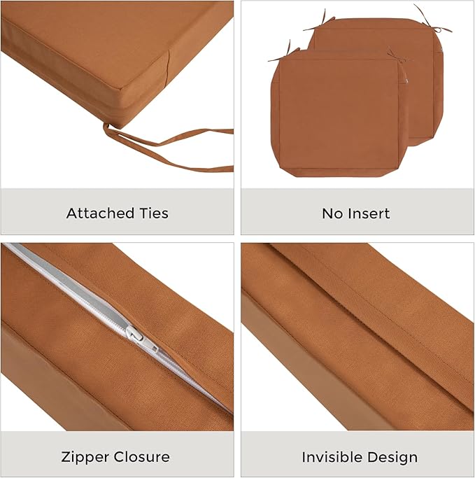 FUNHOME Outdoor Cushion Covers 24 x 24 x 4 inch,Set of 2,Replacement Square Seat Cushion Cover for Patio Furniture Chair,Water Resistant,Fade-Resistant Slipcover Only,No Insert(Caramel Orange)