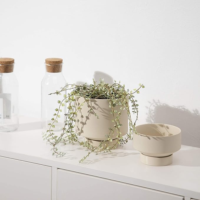 UBEE 2 Ceramic Pots for Indoor Plants Set, 5.43 Inch + 4.61 Inch Plant Pots with Drainage Holes and Saucers, Ceramic Succulents Planter Pot Flower Pot with Saucer, Beige
