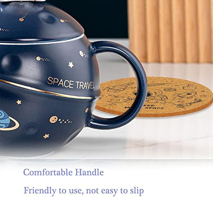 Kawaii Astronaut Cup Space Embossed Planet Mug, Cute Ceramic Coffee Mug, Novelty Mug with Lid and Spoon for Coffee, Tea, Milk, Aesthetic Room Decor Funny Gift for Girl Boy Women (Dark blue)