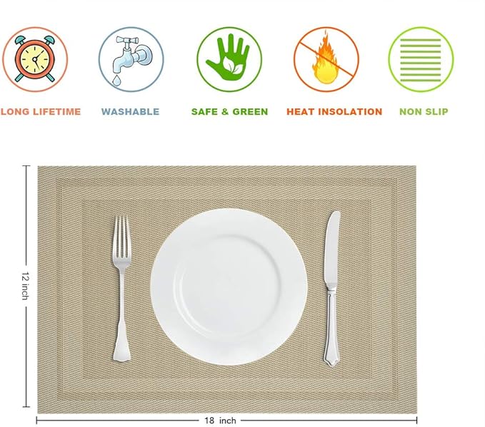 GIVERARE Placemats Set of 4, Heat-Resistant Woven Vinyl Placemat, Non-Slip Washable PVC Table Mat, Easy to Clean Premium Plastic Mats for Dining, Kitchen Table (Beige)