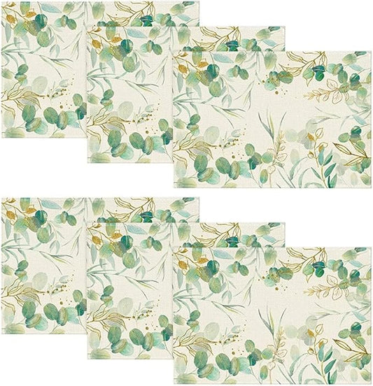 Artoid Mode Eucalyptus Summer Placemats Set of 6, 12 x 18 Inch Spring Seasonal Wedding Party Decoration for Table Decor