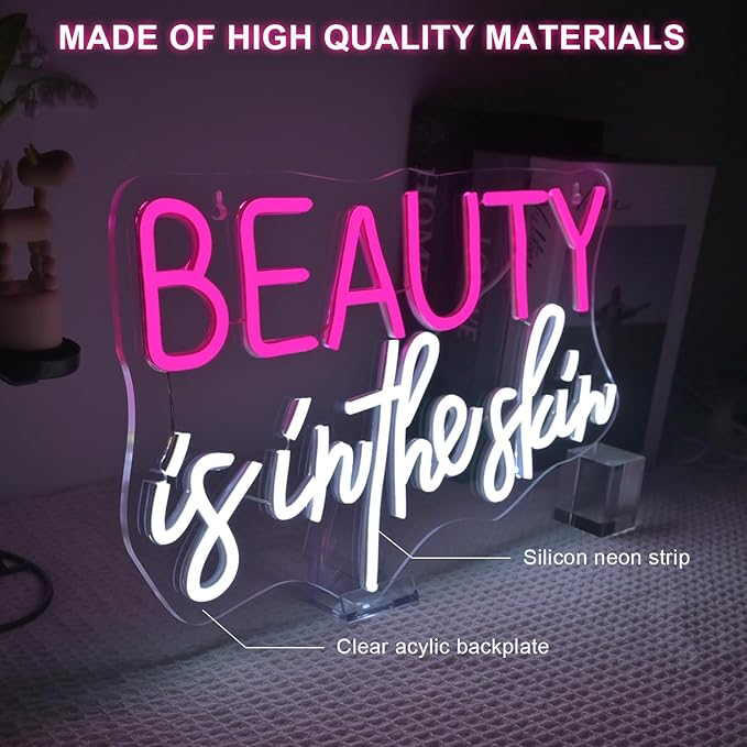 Lucunstar Beauty Is In The Skin Neon Sign,LED Neon pink cool white letters for facial spa wall neon for girl's room wall decoration beauty salon sign skincare salon beauty shop decoration