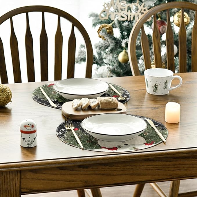 Artoid Mode Snowman Trees Snowflakes Christmas Round Placemats Set of 4, 14 Inch Black Winter Round Table Mats for Dining Decoration