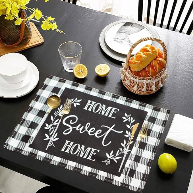 Buffalo Plaid Placemats Set of 8, Black White Farmhouse Placemats - Linen Washable Heat Resistant Waterproof Place Mats for Ktichen Dining Table 18 X 12 Inch, Plaid
