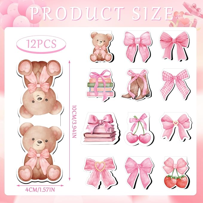 Pink Coquete Bows Magnetic Bookmarks - Wxiben 12 Pcs Pink Bow Magnetic Bookmark Strawberry Bear Book Mark Magnets Cowgirl Boot Book Markers Page Clip Gift for Teen Girls Book Lovers Students Reading