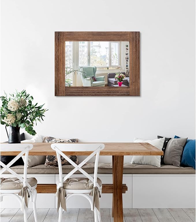 Wood Mirror Rectangular Framed Rustic Vintage Mirrors Decor Farmhouse Bedroom Bathroom Mirror for Dressing Table Entrance Large 20"x16" Brown
