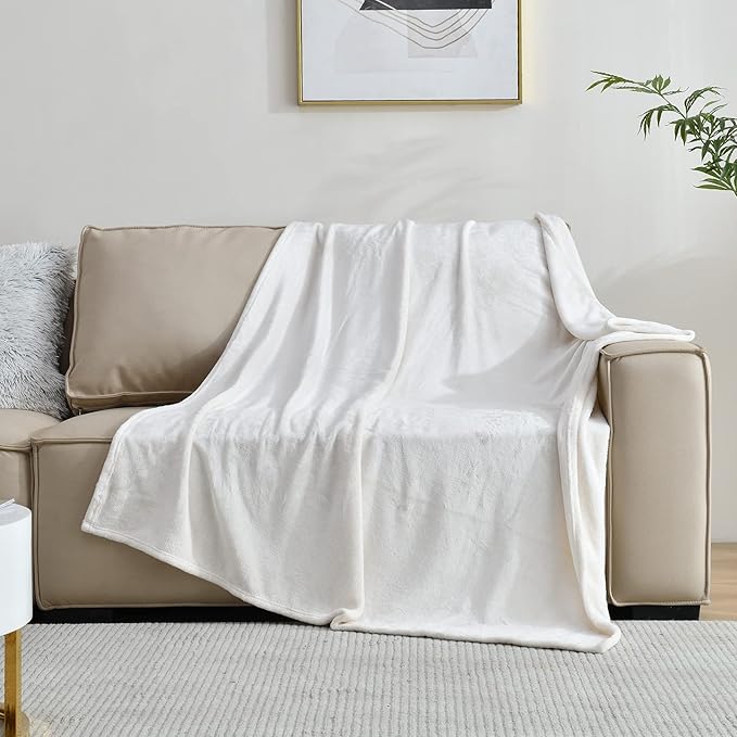 SOCHOW Flannel Fleece Blanket Throw Size, All Season Super Soft Cozy Blanket for Bed or Couch, Cream White, 50x60 inches