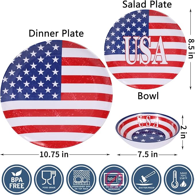 Melamine Dinnerware Sets 12 Pcs Independence Day American Flag Melamine Dinner Plates, Dishes & Bowls Set for 4th July