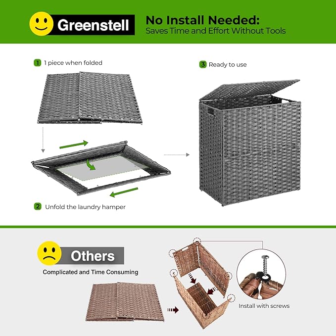 Greenstell Laundry Hamper with 2 Removable Liner Bags - 90L Divided Clothes Hamper, Handwoven Synthetic Rattan Foldable Laundry Basket with Lid and Handles Gray (18.3x13.3x24.0Inches)
