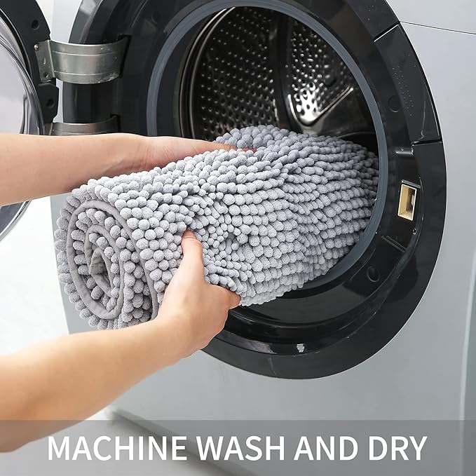 Bath Mat for Bathroom Ultra-Soft Machine Washable Rugs for Shower Room with Non-Slip Backing Shaggy Absorbent Luxury Chenille Bath Rug Perfect for Tub Sink Bedroom Door (16"x47", Light Grey)
