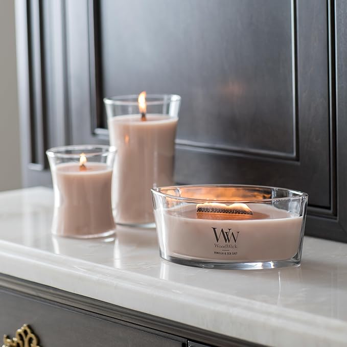 WoodWick Vanilla Sea Salt Scented Medium Hourglass Candle, Crackles as it burns, Ideal for gifting or home décor, 9.7oz