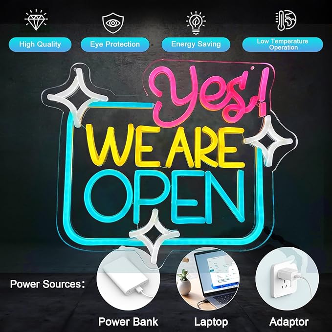 Open Signs for Business, Open Sign Led Neon Open Sign Bright Light Dimmable Led Yes We Are Open Sign for Business Window, Lighted Up Neon Sign for Wall Decor Bar Salon Coffee Stores Club Hotel