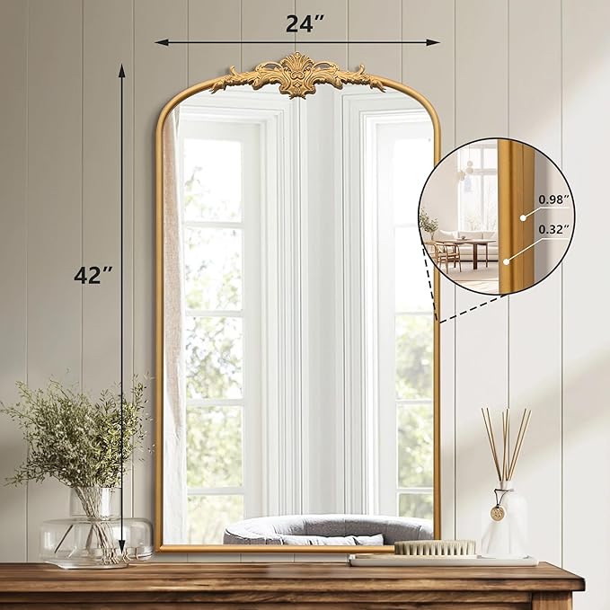 Antique Baroque Arched Mirror: 24"x42" Gold Vintage Wall Mounted Mirror - Traditional Ornate Metal Frame - Ideal for Entryway/Living Room/Hallway/Bathroom