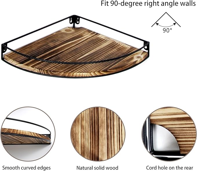 Corner Shelf Wall Mounted, Corner Floating Shelves for Wall, Wood Storage with Cable Hole for Kitchen Living Room Bedroom Bathroom, Dark Brown Set of 3