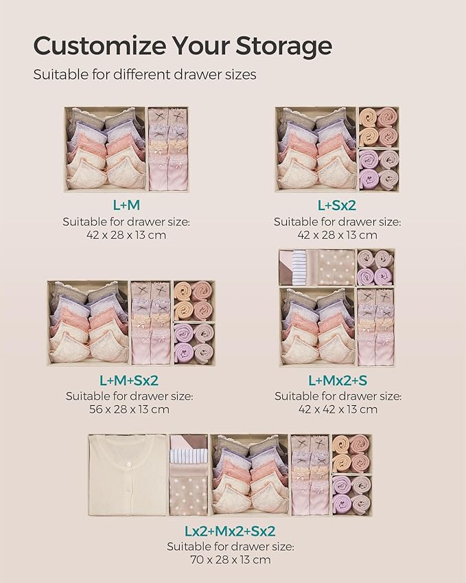 SONGMICS Drawer Organizer, Dresser Drawer Organizers, Set of 12, Foldable Fabric Storage Bins for Socks, Underwear, Bras, Ties, Scarves, Sand Beige URDZ006Y02