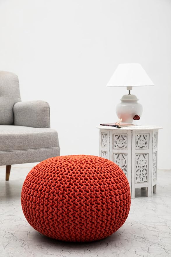 COTTON CRAFT Round Pouf - Hand Knitted Cotton Braid Cord Cable Dori Ottoman - Foot Stool Floor Pouf Footrest Accent Seat Furniture Bean Bag - Living Room Kids Room Nursery Dorm Décor - 20x14 - Orange