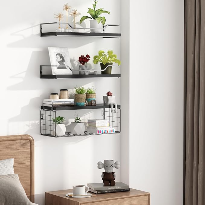 Floating Shelves Wall Mounted,Wood Bathroom Shelf Over Toilet with Paper Storage Basket, Wall Decor Farmhouse Floating Shelf for Bedroom, Living Room, Kitchen,Office (Black)