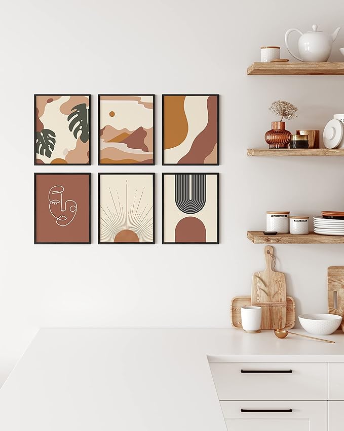 HAUS AND HUES Boho Prints Neutral Wall Art - Set of 6 Boho Art Prints Mid Century Modern Wall Art | Bohemian Artwork for Wall Aesthetic Decor (Black Framed) (8x10)