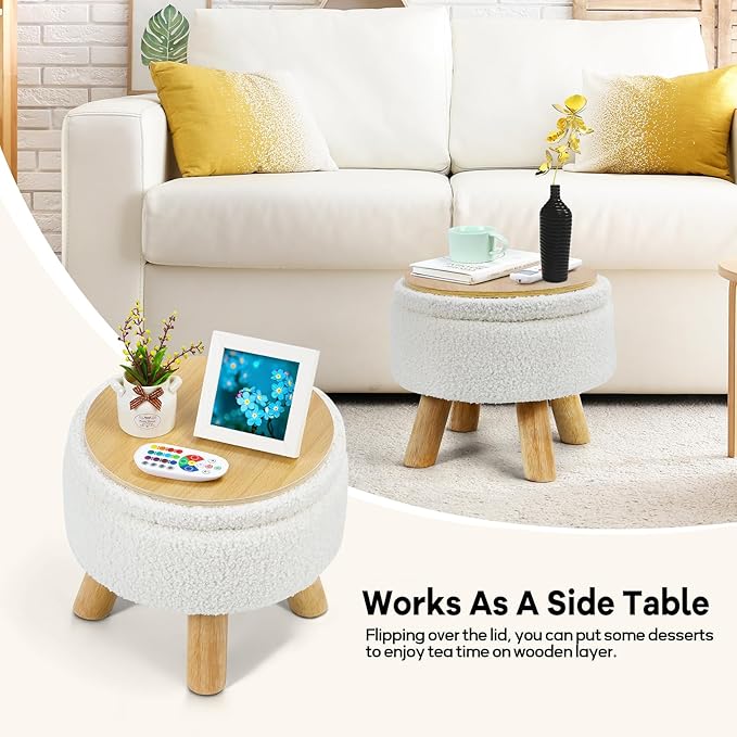 Ottoman Foot Rest, Small Round Ottoman with Storage, Boucle Teddy Velvet Footstool with Wood Legs, Soft Sponge Storage Ottoman for Living Room, Bedroom, Couch, Enterway (Cream)