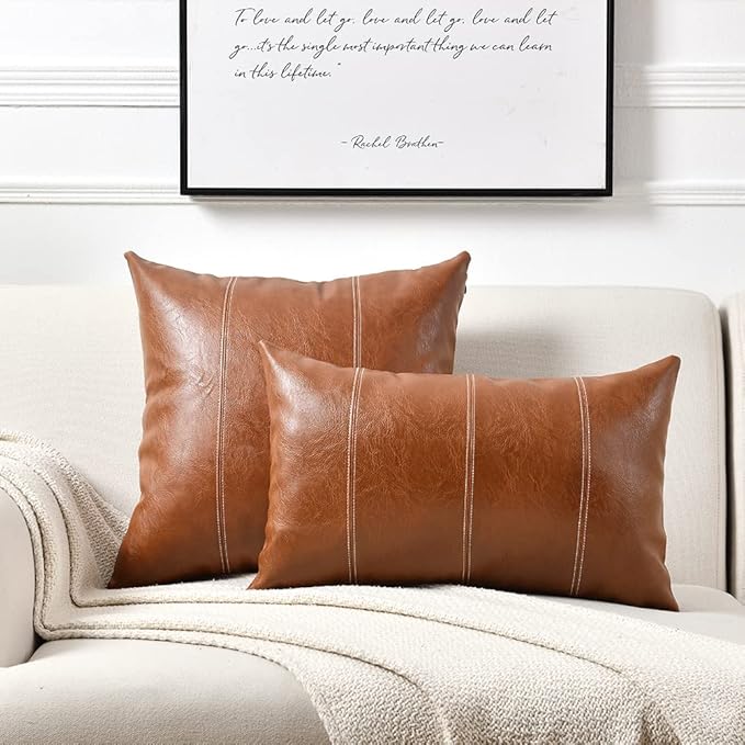 Fancy Homi 2 Packs Brown Boho Long Lumbar Faux Leather Decorative Throw Pillow Covers 16x24 Inch for Couch Bed Sofa, Hand Stitched Rectangle Cushion Case, Rustic Modern Farmhouse Home Decor