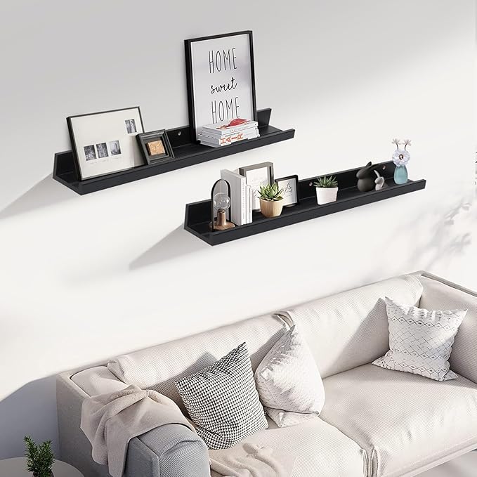 Muzilife 35.4" Large Floating Wall Ledge Shelves with Lip - Set of 2 Wood Floating Shelves - Black Wall Mounted Picture Ledge for Office, Bathroom, Bedroom, Living Room, Kitchen