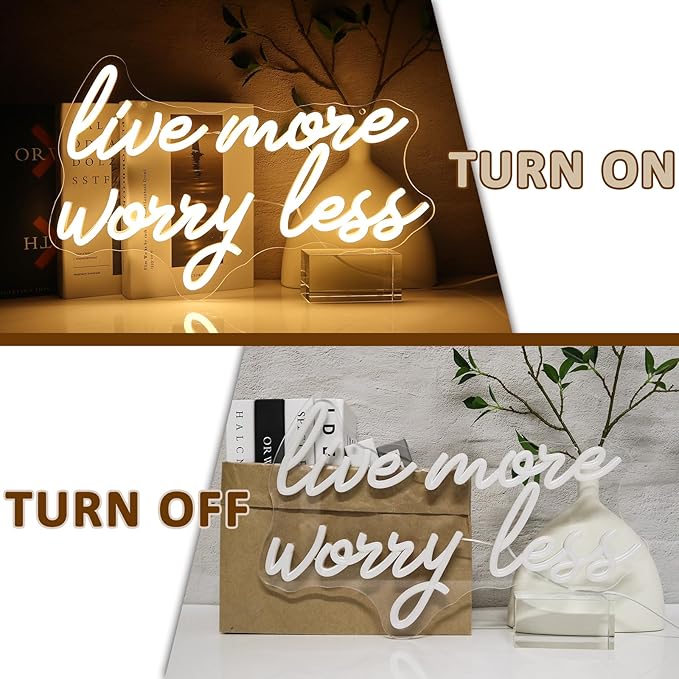 Live More Worry Less Neon Sign for Wall Decor, Warm White Led Signs for Room, USB Dimmable Neon Lights for Bedroom Home Living Room Party Cafe Business Pub Motivational Wall Art