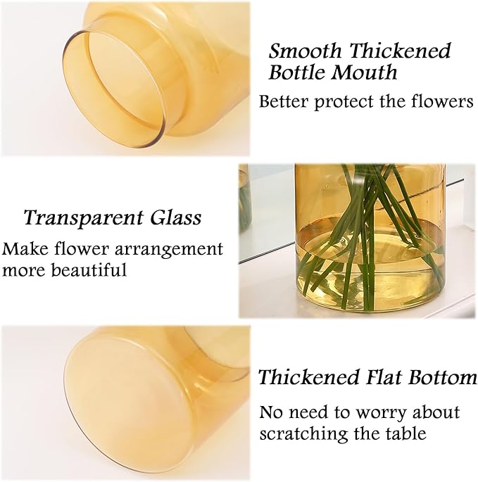 Large Glass Vase, Amber Glass Vase Set of 2, Large Flower Vases for Bouquet, Tall Wide Mouth Vases for Flowers, Home, Wedding, Living Room, Office Decor, 7"+9"