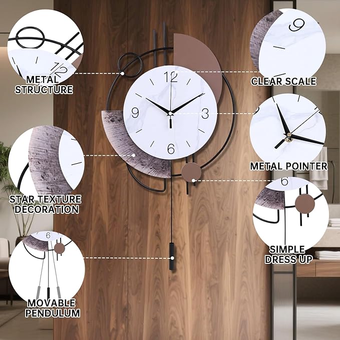 Wall Clock, Silent Non-Ticking Quality Quartz Battery Operated with Pendulum, Large Wall Clock for Living Room Kitchen Home Bathroom Bedroom Wall Decor, 13x21.65inch(Brown)