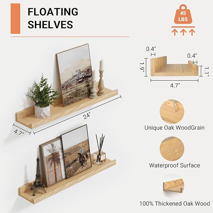 Oak Floating Shelves Wall Mounted Set of 2, Rustic Large Wall Shelves for Storage with Lip, Display Picture Ledge with Lip for Storage, Bedroom, Living Room, Bathroom,Nursery Display