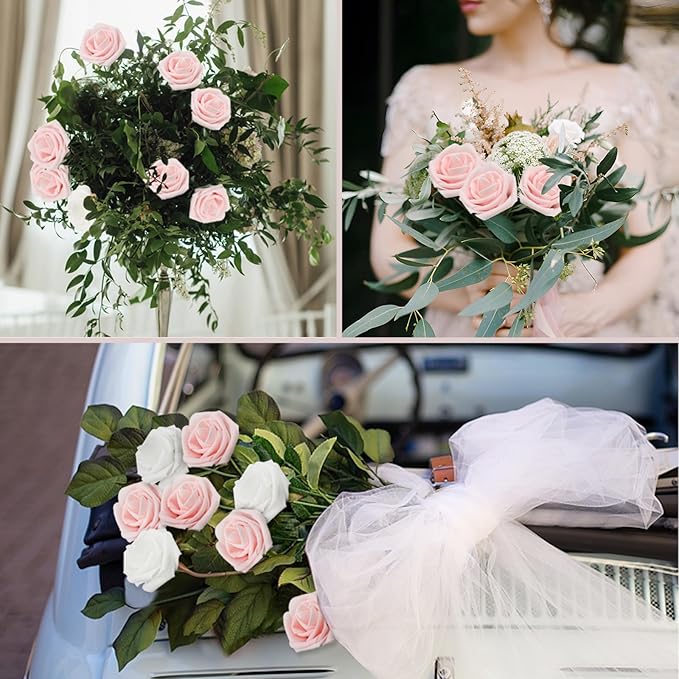 200PCS Artificial Flowers Light Pink Roses Real Looking Foam Fake Roses with Leaves and for DIY Wedding Bouquets Bridal Shower Centerpieces Party Decorations (Light Pink, 200)
