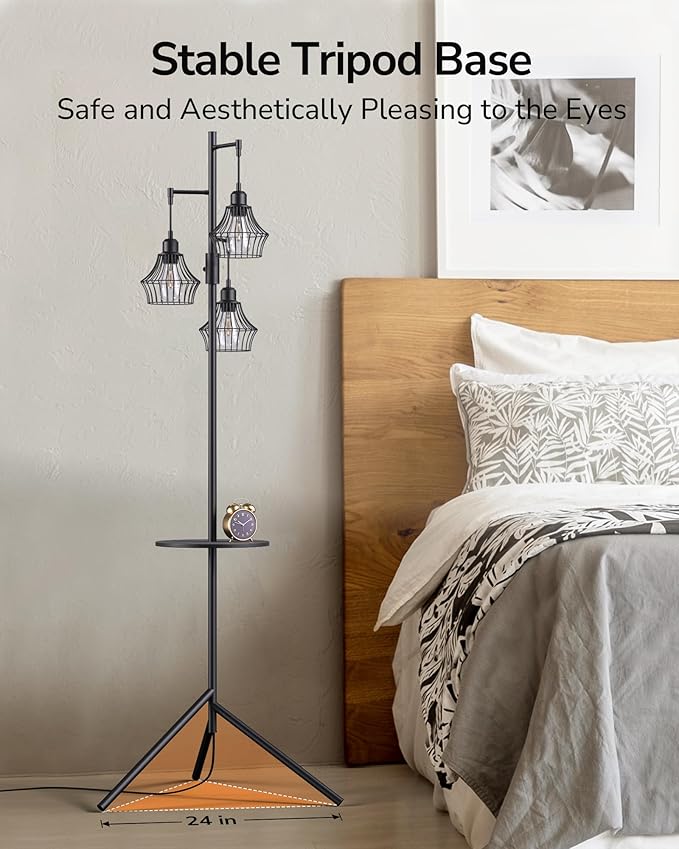 ULG 3-Light Floor Lamp with Shelves 69-Inch Vintage Standing Lamp with 3 Caged Edison Bulbs 2700K Warm White Smooth Dimming Modern LED Floor Light for Living Room, Home Office, Bedroom, Matte Black