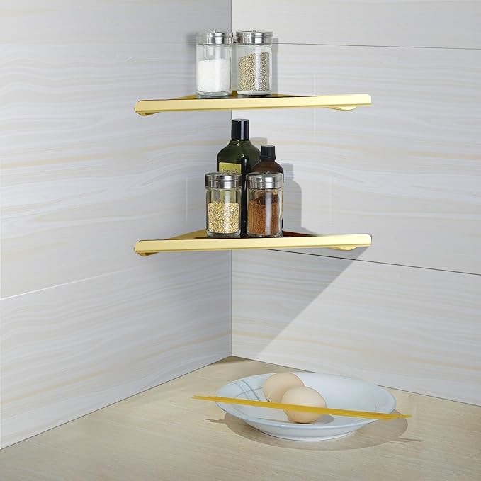 2 Pcs 304 Stainless Steel Corner Shelf with Screws, Triangle Shower Caddy, Wall Mount Soap Holder for Bathroom, Kitchen Organization (Polished Gold)