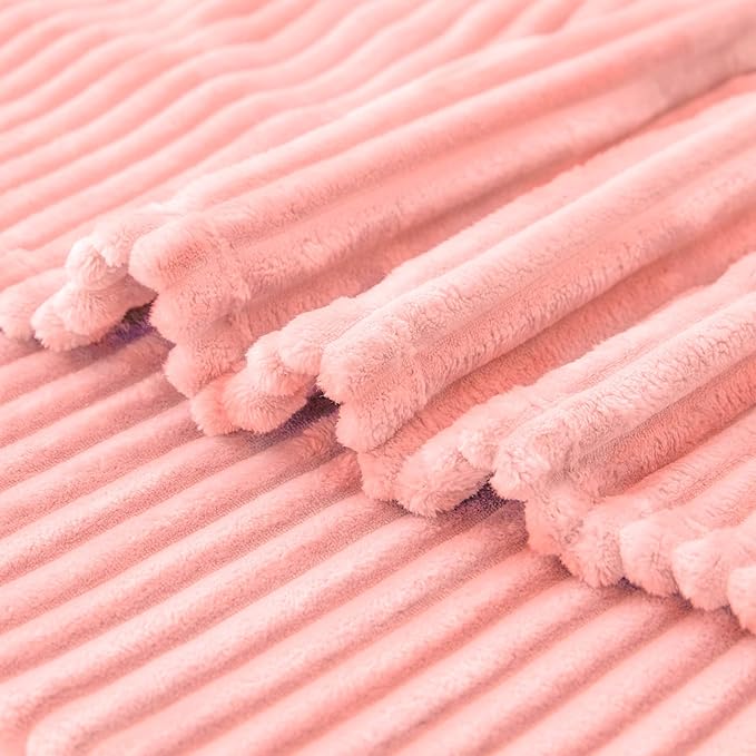 Vessia Flannel Fleece Pink Throw Blanket(50X70 Inch), 300GSM Warm and Soft Comfy Striped Bed Throw, Cozy Microfiber Ribbed Sofa Blanket for All Season